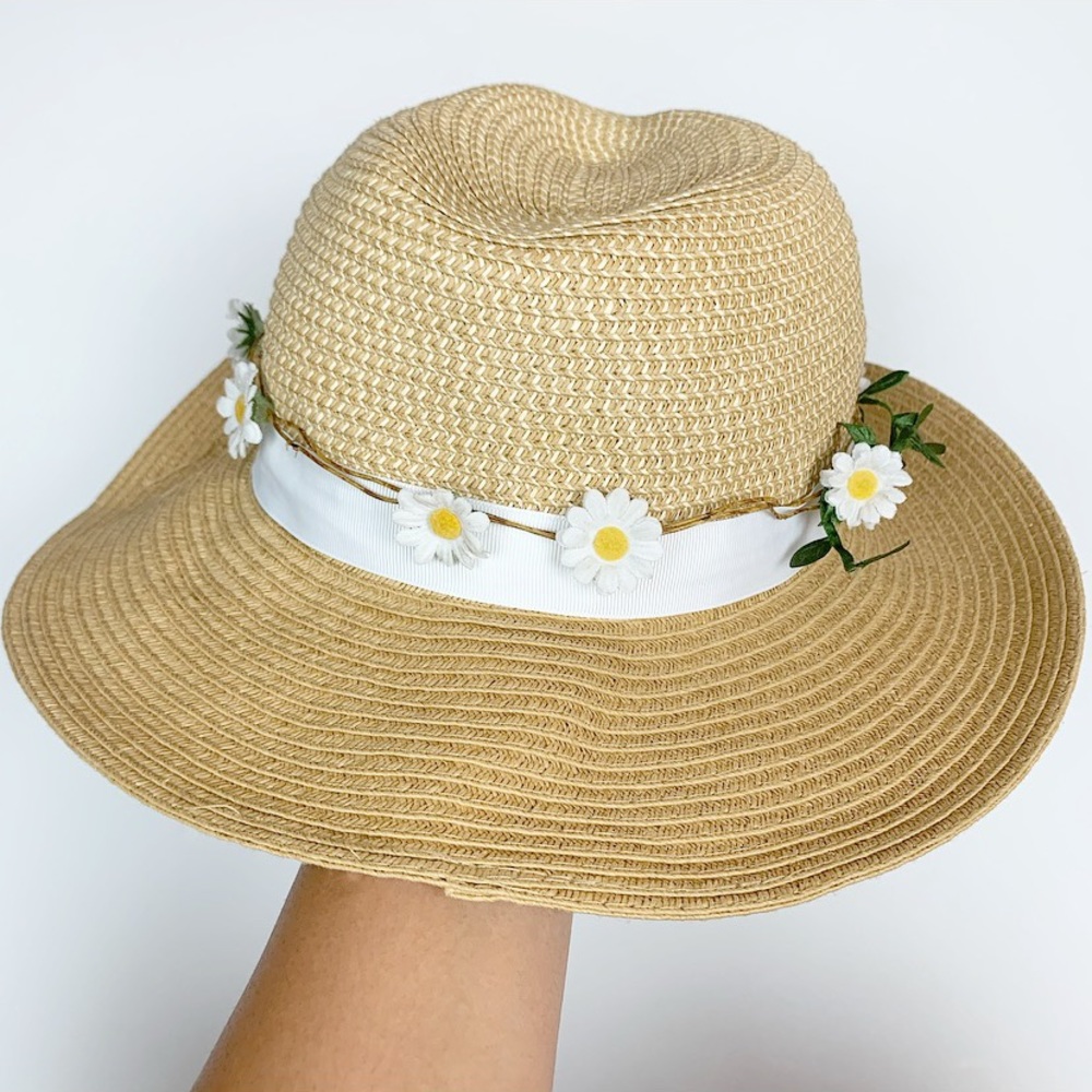 Tan White Stripe  Hat with Flower Crown